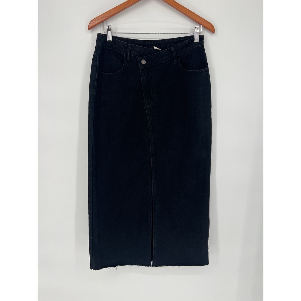 Women's Happily Gray  Front Slit Black‎ Midi Denim Jean Skirt Size 9/28